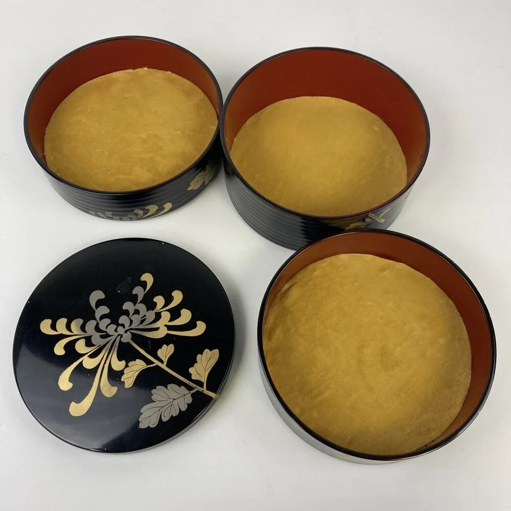 VTG Japan Round 3 Tier Floral Black Laquerware Plastic Trinket Box Lined